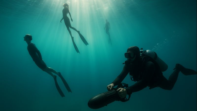 Freedivers underwater with a guide in cold open water